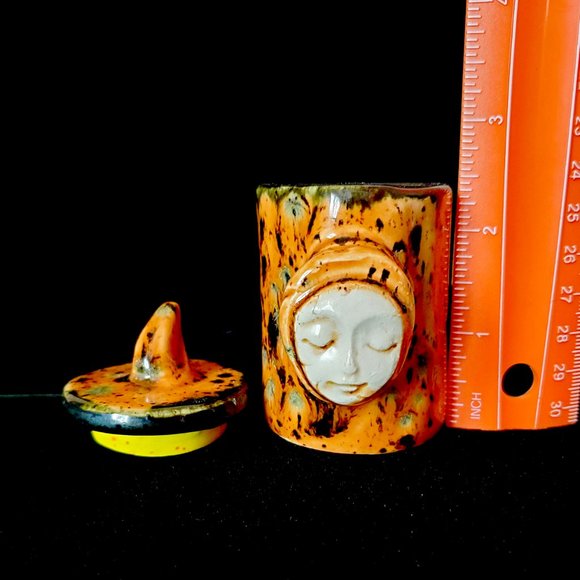 Handmade Small Ceramic Stash Jar with Face, Speckled Carmel Brown - Picture 11 of 11